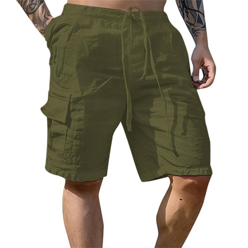 Sommer Herren Einfarbig Kordelzug Baumwolle und Leinen Mehrfach-Taschen Werkzeug Locker Outdoor Atmungsaktiv Shorts