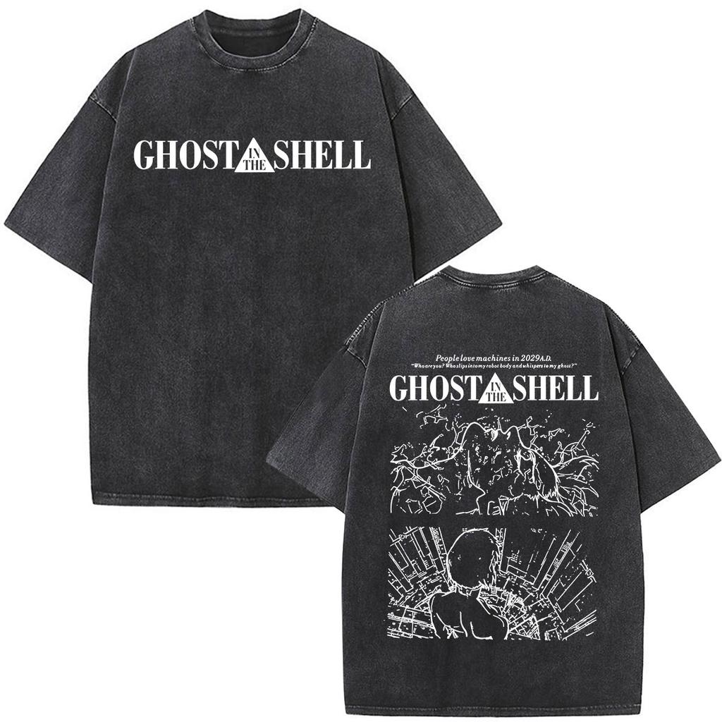 Camisetas Gráficas Vintage Lavadas de Anime Ghost in The Shell Motoko Kusanagi para Hombre y Mujer Moda Camisetas de Manga Corta Oversize