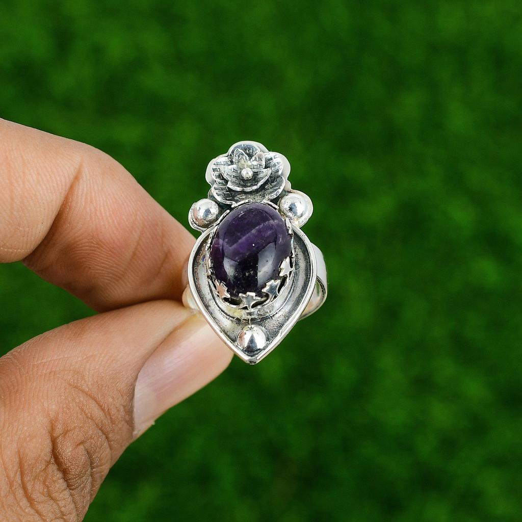 Natural Chevron Amethyst Multi Stone Flower Adjustable Ring 925 Silver For Women
