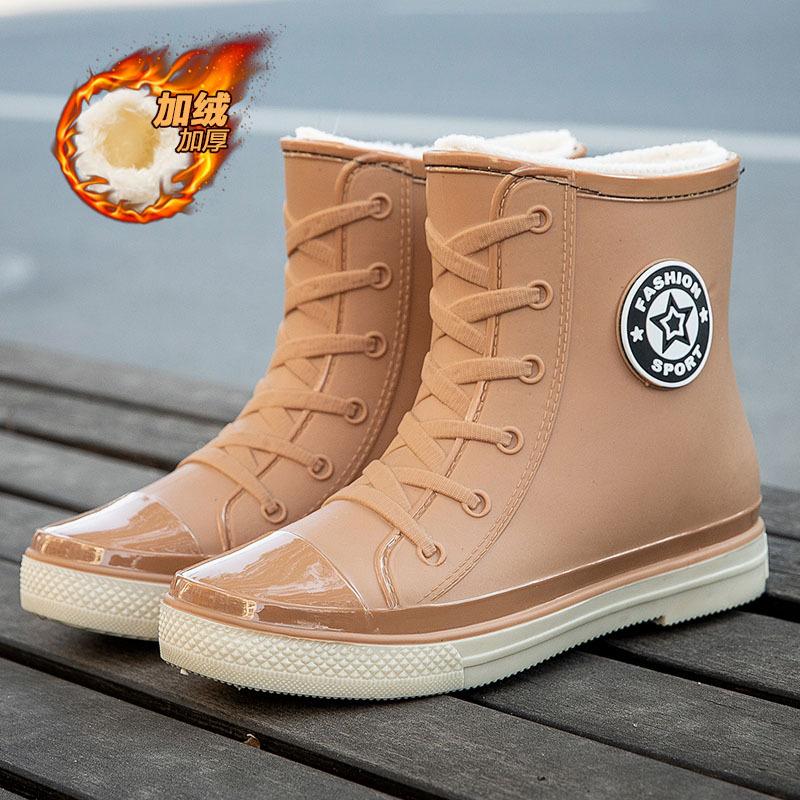Fashion short tube women's waterproof shoes rain shoes student trend rubber shoes velvet warm non-slip rain boots women