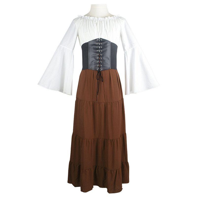 Medieval New Style Party European and American Bell-Sleeve Long-Sleeve Dress Cosplay for Women Renaissance Period Medieval Brown Bell Sleeve Dress 4XL
