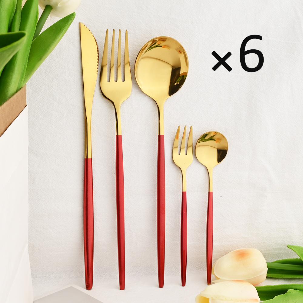 6People Gold Cutlery Set Mirror Stainless Steel Dinnerware Set Knife Cake Fork Tea Spoon Silverware Flatware Party Western Kitchen Tableware