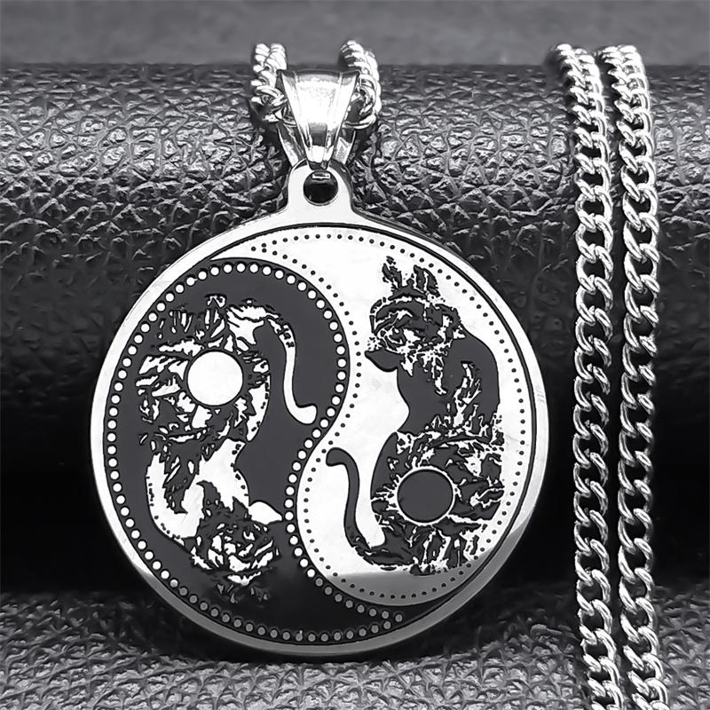 Yin Yang Cat Tai Chi Taoism Pendant Necklace for Women Men Stainless Steel Round Hip Hop Punk Chain Necklaces Jewelry N2521S05