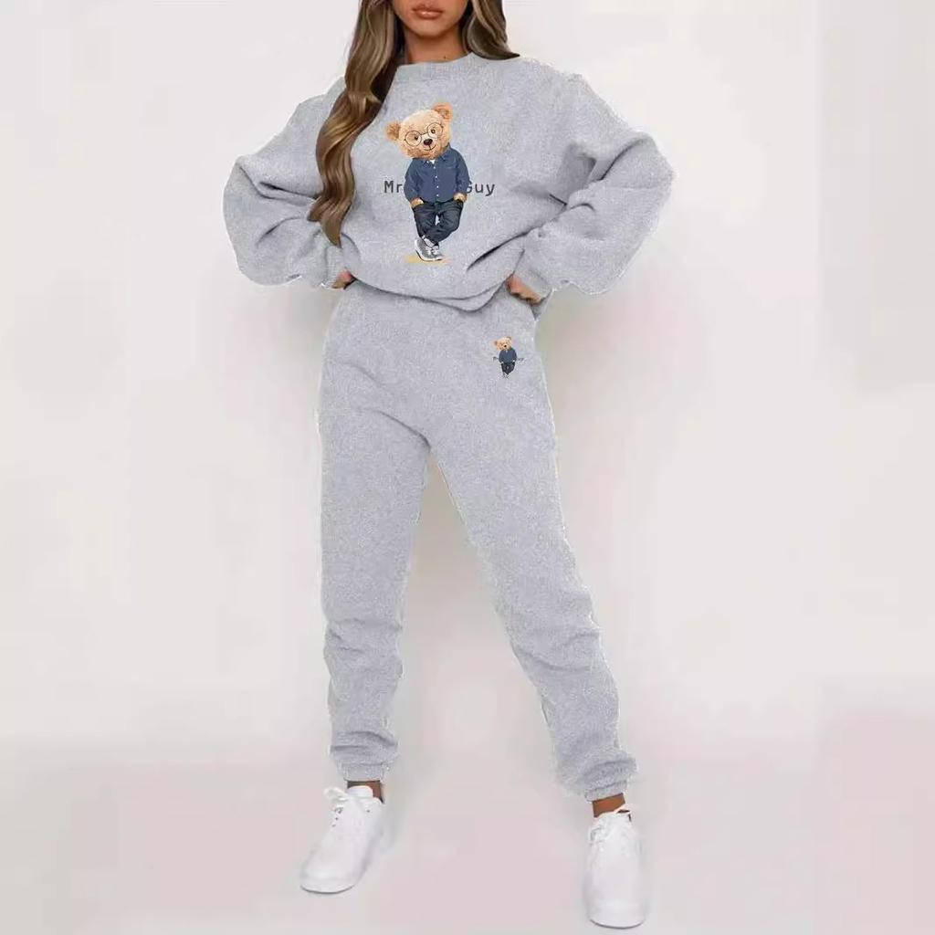 Versatile Cartoon Bear 3D Printing Two-Piece Set Long-Sleeved Sweater Trousers Casual Loose Sweater Set