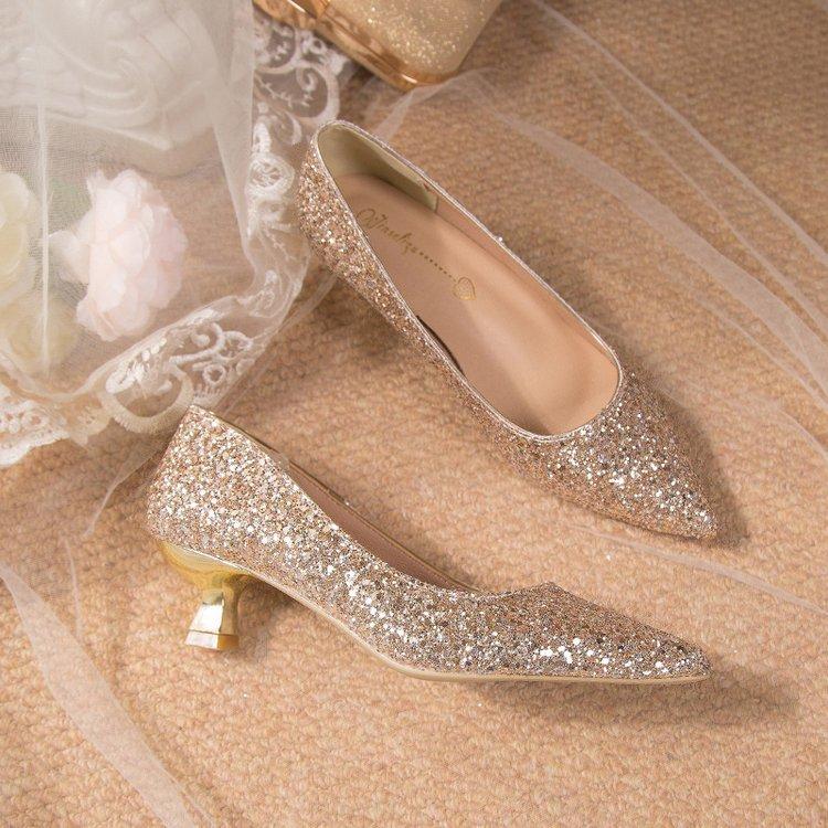 Autumn New Large Size Sequined Stiletto Single Shoes Pointed Head Shallow Mouth High Heels Medium Heel Bridesmaid Bride Shoes