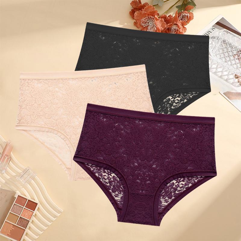 3PCS/Set Floral Embroidery Lace Panties Women's Plus Size Underwear Sexy Hollow Solid Briefs Girls Mid-Rise Temptation Lingerie