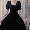 French style summer black square neck bubble sleeve dress women's large size temperament high waist A-shaped dress medium and long