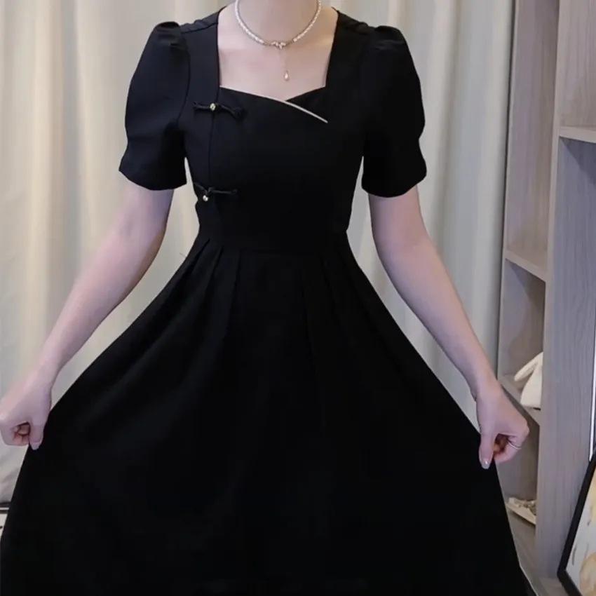 French style summer black square neck bubble sleeve dress women's large size temperament high waist A-shaped dress medium and long