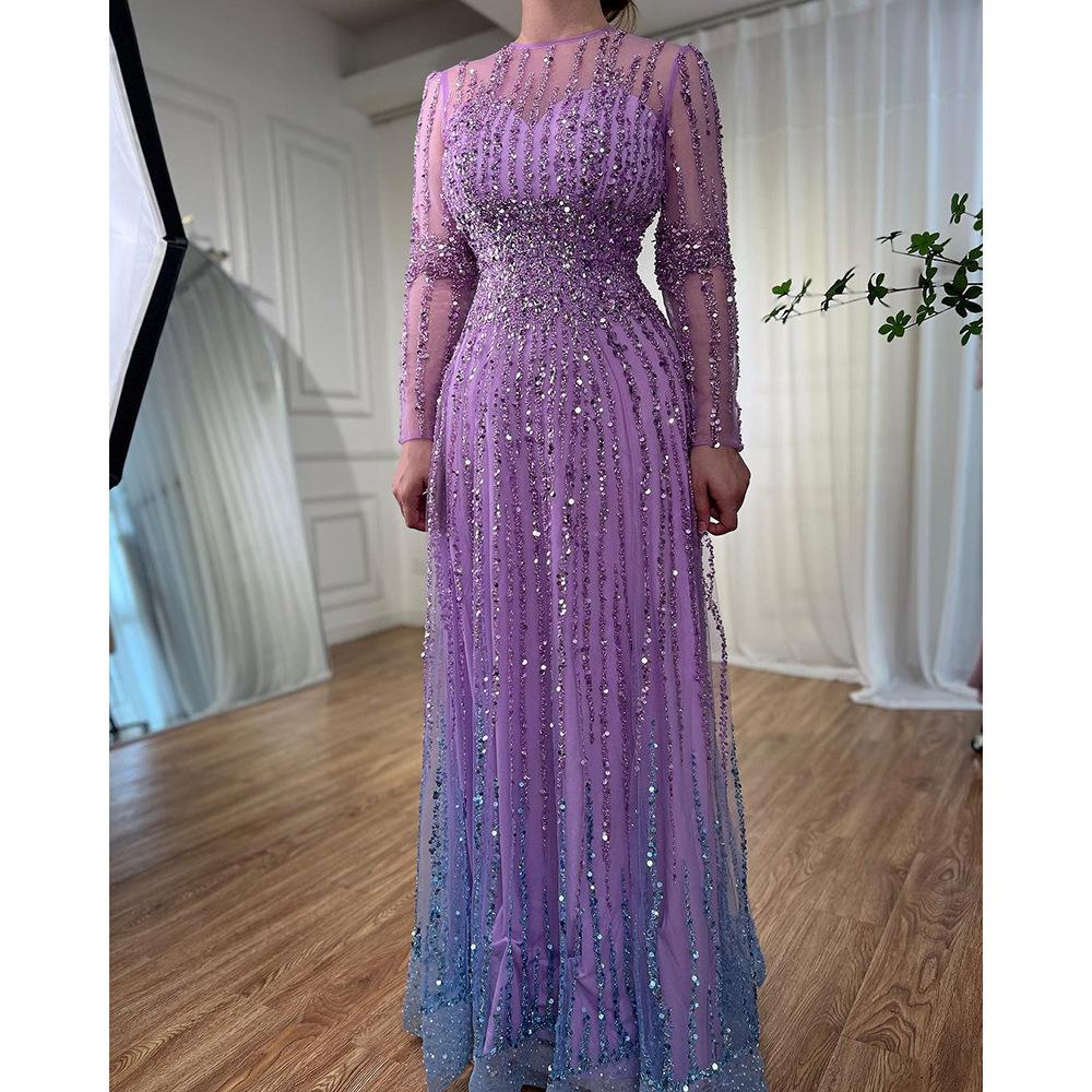 Purple elegant slim-fitting long-sleeved meat-covering bead long skirt banquet skirt performance host evening dress LA11901