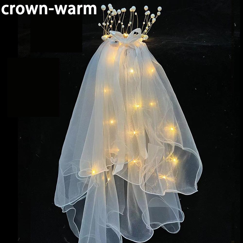 LED Light Bridal Wedding Veil with Pearls/Crowns Wedding Tiara Veil for Props Party Headpieces Decor Glowing flash veil