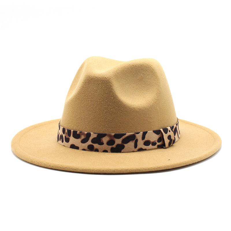 Woolen Top Hat Leopard Print Solid Color Hat Women'S Flat-Brimmed Big-Brimmed Jazz Hat 22 Colors