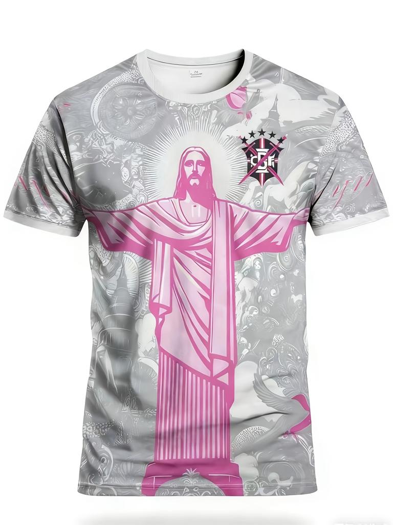 Mens Oversized Brazil Christ the Redeemer Graphic Print Short Sleeve T Shirt Casual Streetwear Top for Daily Wear