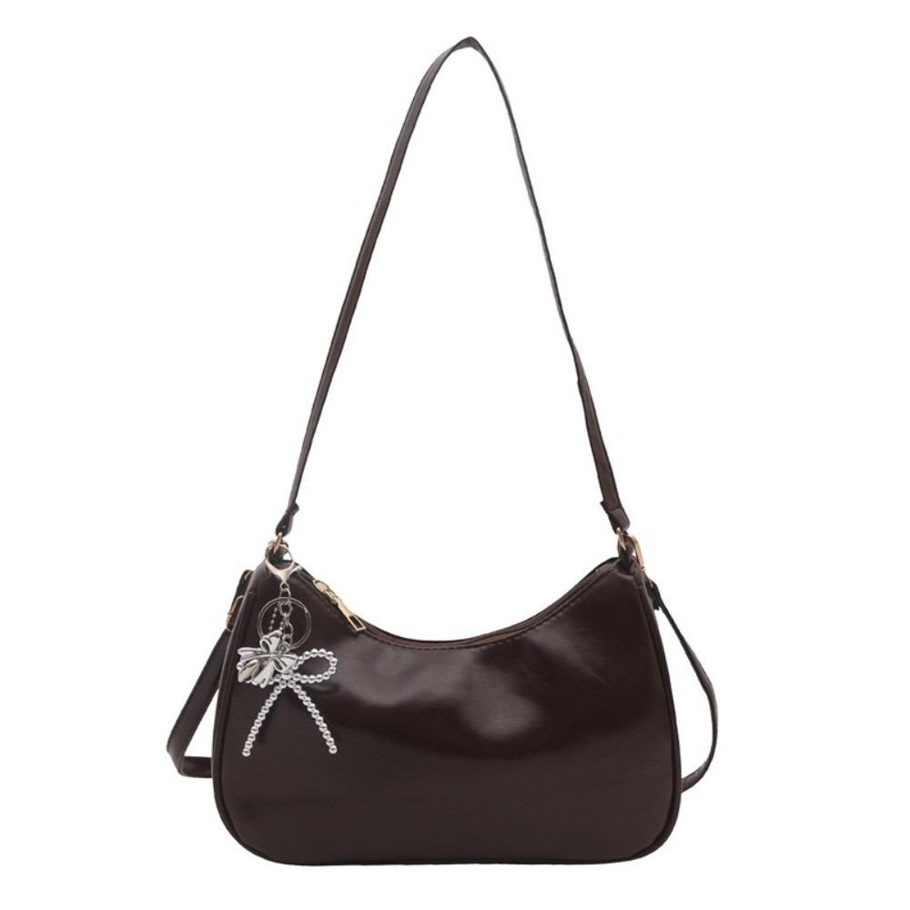 Solid Color Oil Wax Leather Crossbody Bag Elegant Underarm Bag Trendy Crescent Bag  Casual Wear