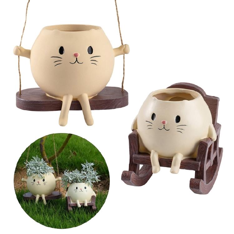 Creative Rocking Feline Planter Resin Swing Chair Design Decorative Flower Pot Fit for Modern Garden Weather Resistant