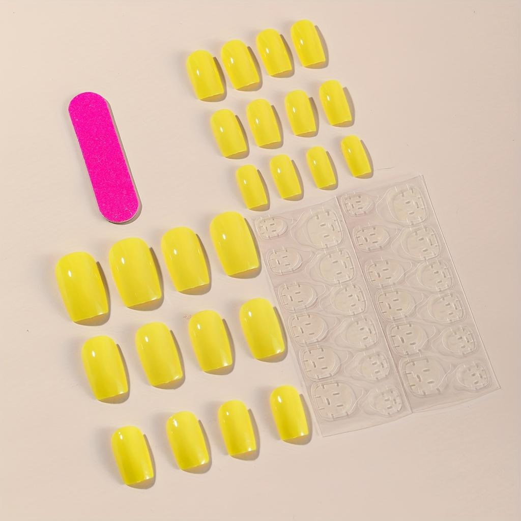 24pcs Yellow False Nails Short Square Press Nails Gloss Full Coverage Acrylic False Nails For Women And Girls