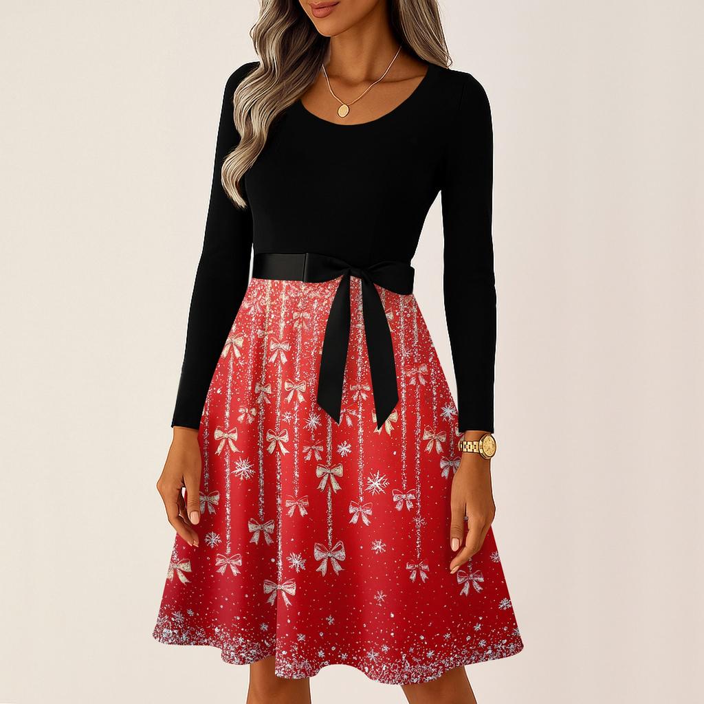 Rochii lungi de epocă, cu mâneci lungi, cu mâneci lungi, cu imprimeu grafic de Crăciun