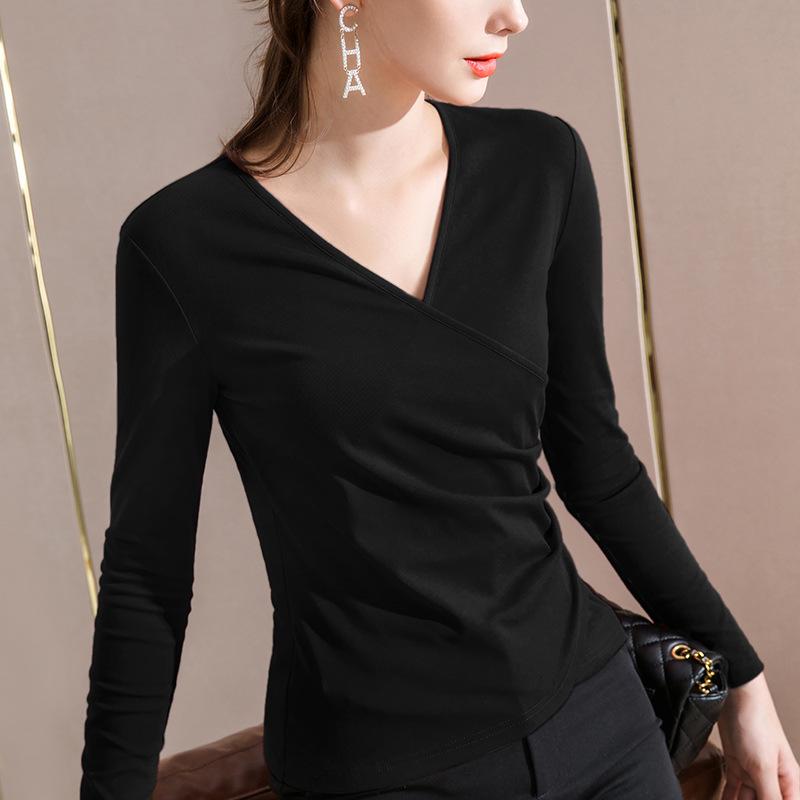 Cross V-neck Long-sleeved T-shirt for Women New Women's Cotton T-shirt Sexy Collarbone Top Scheming Design
