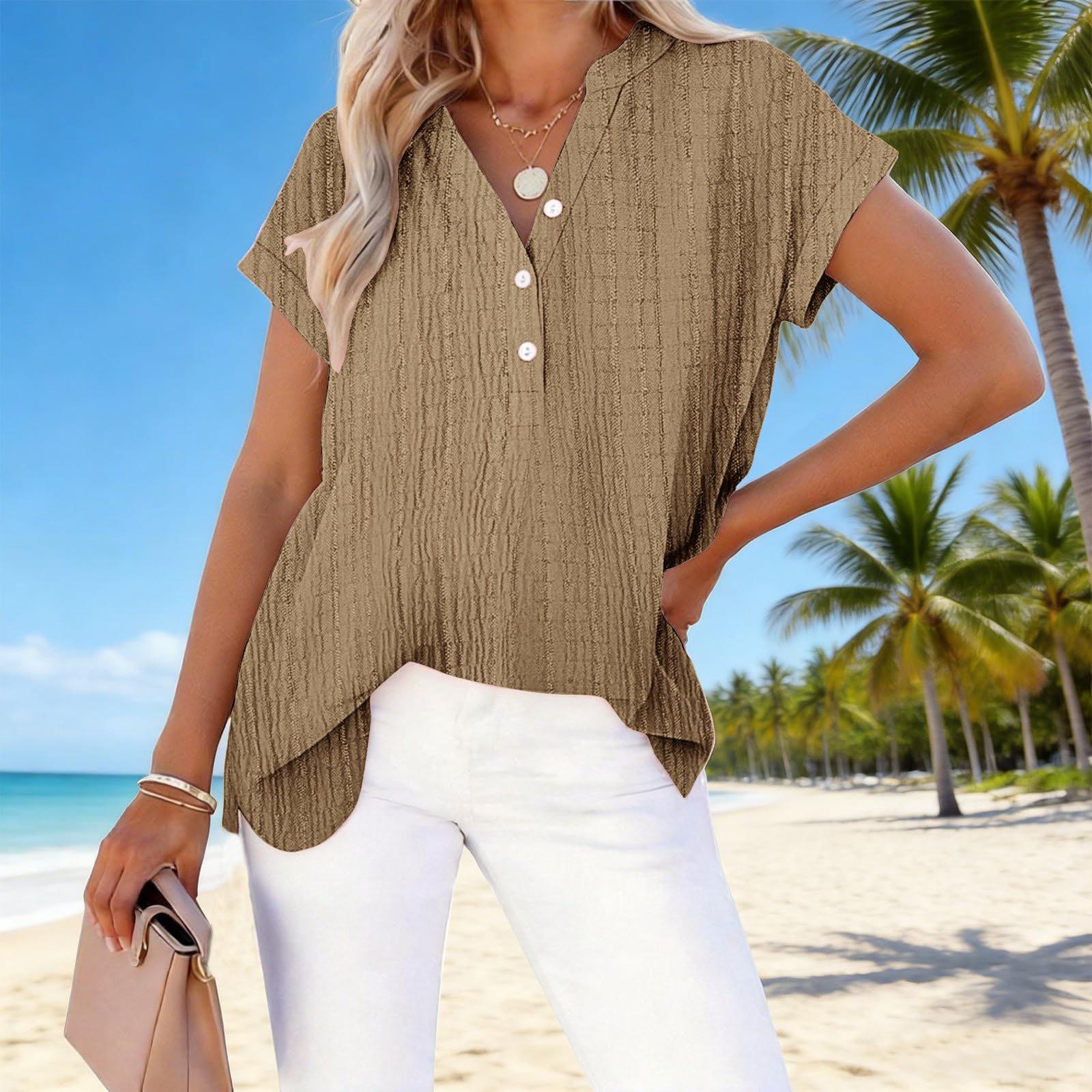 

Women s Fashion Solid Color Short Sleeve V Neck Loose Button Front Casual Office Workwear Tunic Top Blouse XXXL хаки