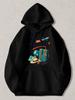 Travel-Themed Pullover Hoodie with Airplane, Suitcase & Globe Print - Black Hooded Suitable for Vacation & Daily Wear, Machine Was