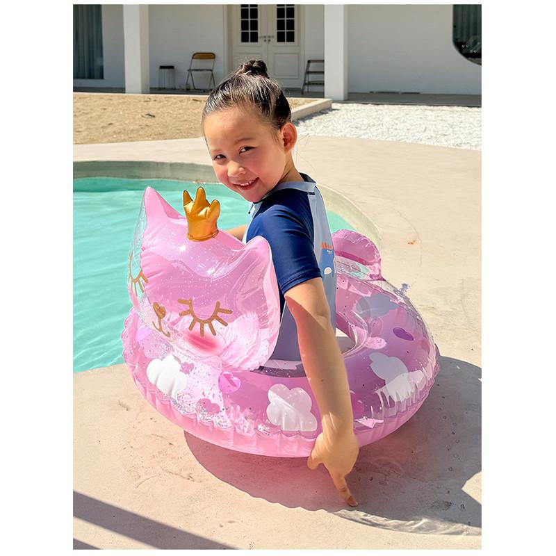 Cartoon Cat Shape Thickened Kids Inflatable Swim Ring For Toddlers With Sponge Bottom Pvc Material Ages 2-4