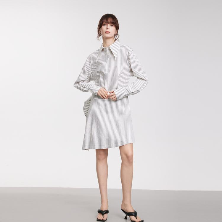 ELLE Striped Pointed Collar Loose Long Sleeve Dress Women dress White L8CLM119