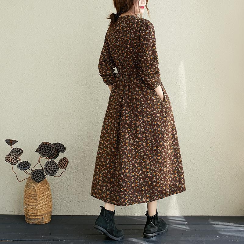 Women Vintage Floral Print Cotton Linen Midi Dress O‑Neck Long Sleeve A‑Line Loose Plus Size Casual Dress 2025 Spring Autumn D037‑860