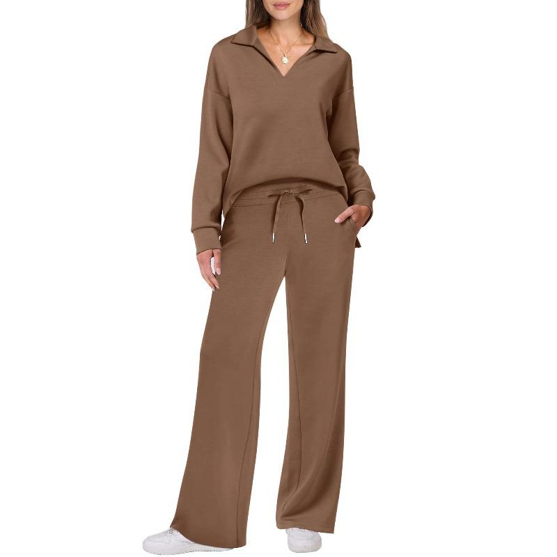 VEZFAA Damesmode Casual Lente Herfst Effen Kleur Print Lange Mouw POLO Hals Broek Pakken