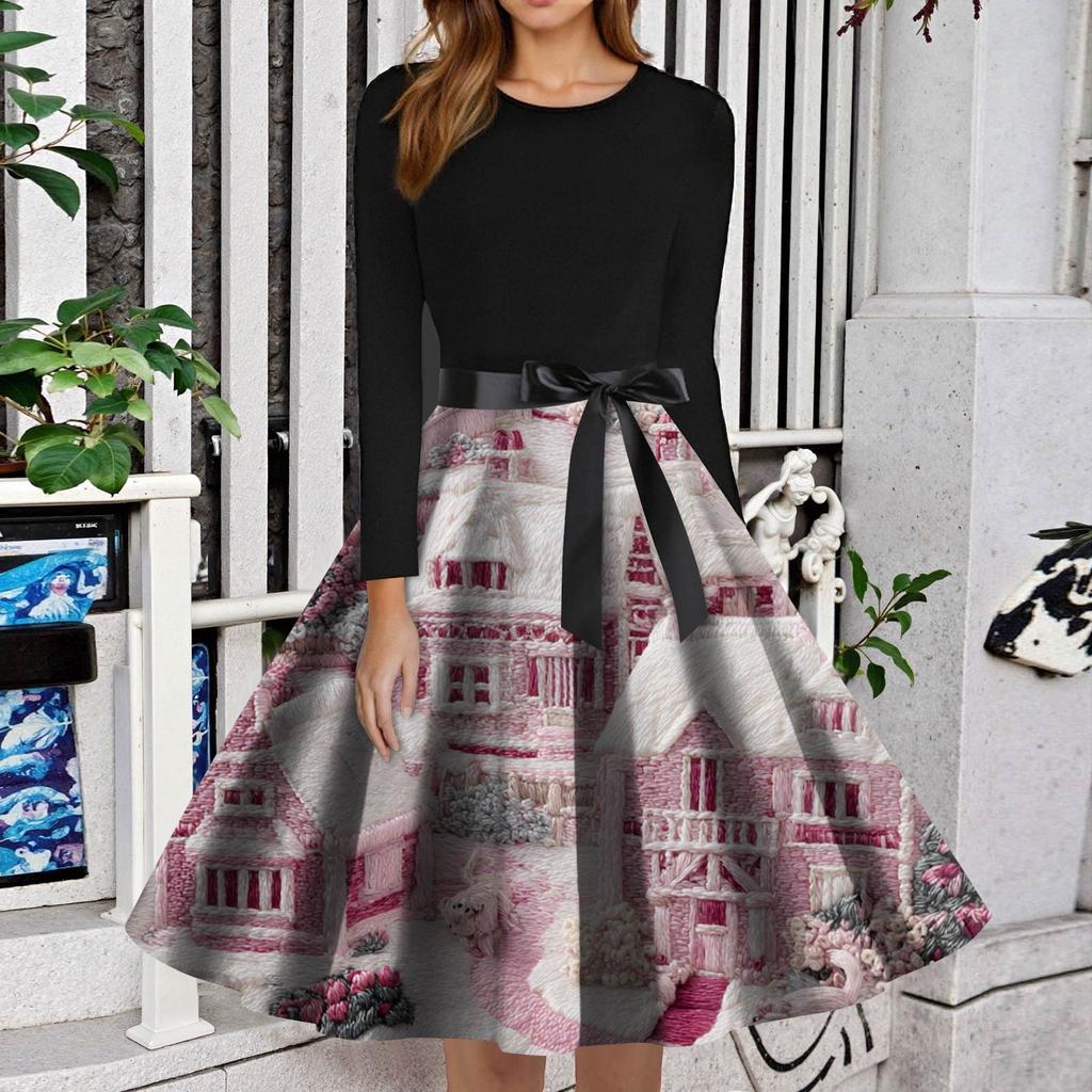 Dame Mote Rund Hals Slim-Fit Juleprint Langermet Kjole