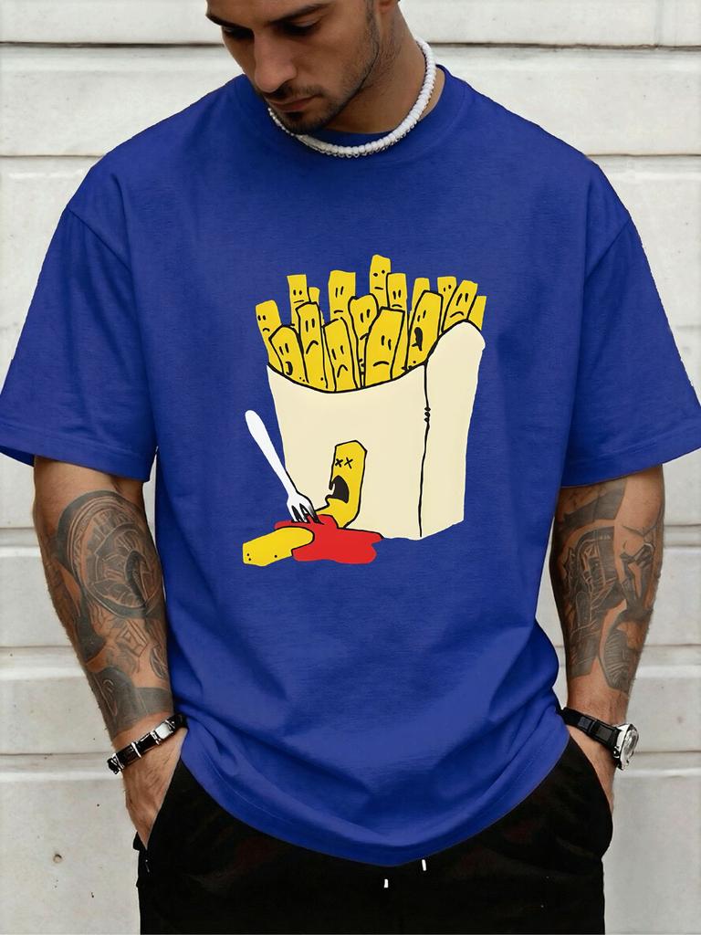 Royal Blue Unisexs Short Sleeve Top Funny Dead Fry With Ketchup Fork Comic Print Loose Fit Cotton Teen Daily Streetwear Tee