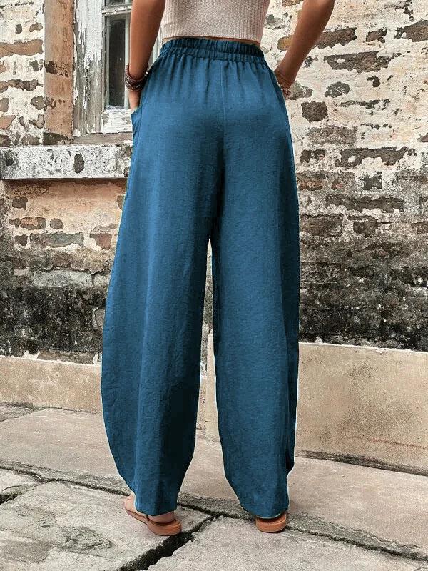Women's Solid Color Casual Pants with Pockets and Elastic Waist.