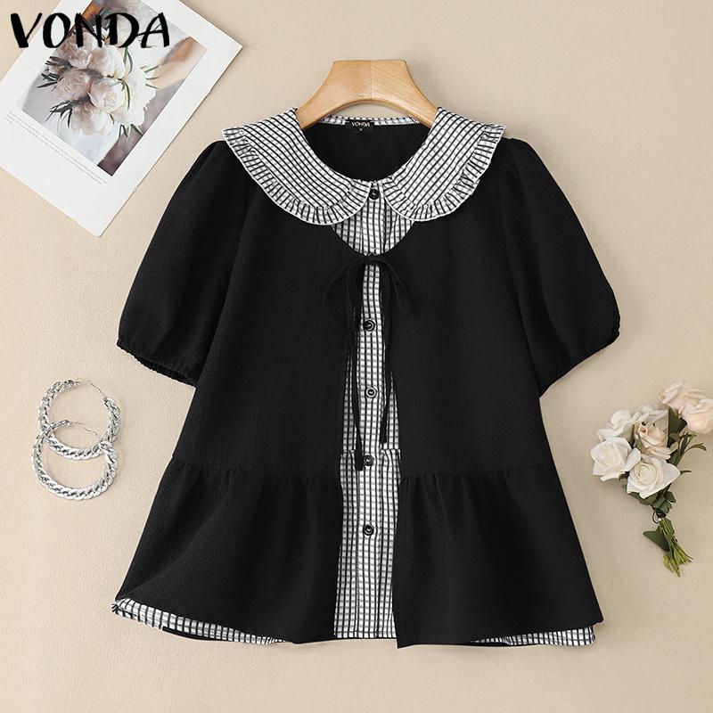 

VONDA Women Girls Puff Sleeve Bow Knot Fake Two-piece Plaid Casual Blouse M