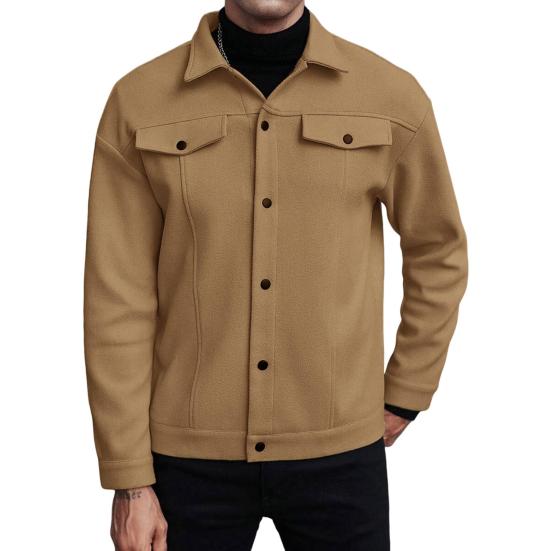 Men Jacket Woolen Lapel Design Long Sleeve Solid Color Coat with Flap Pockets Design