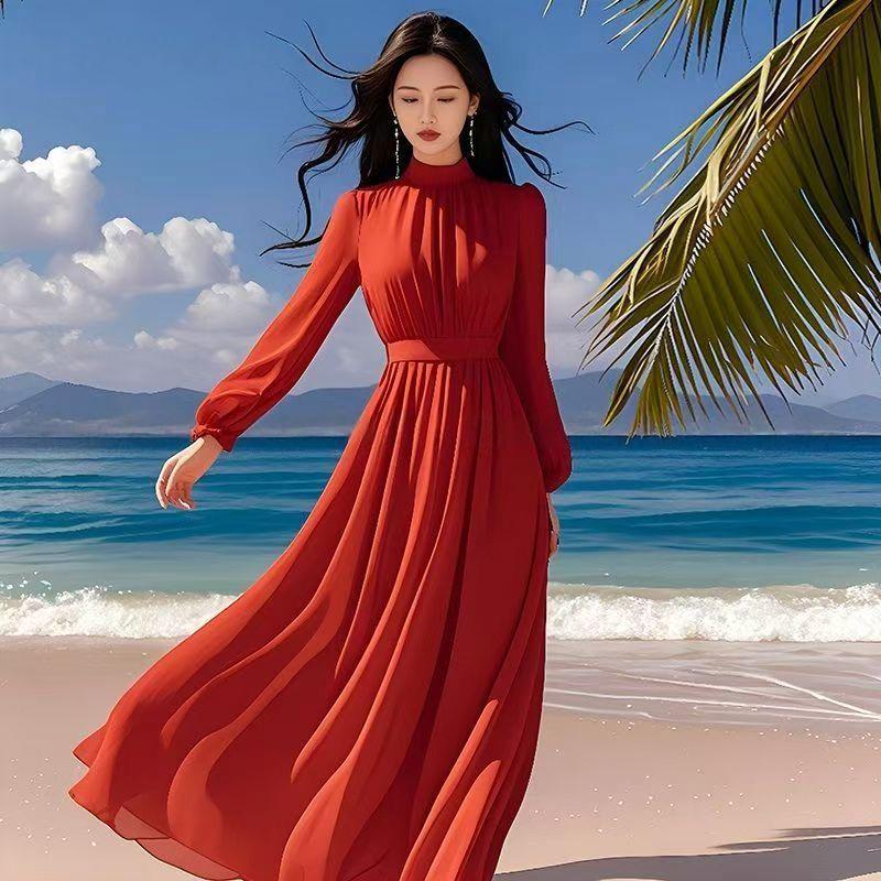 Elegant Women's Purple Long Sleeve Spring-Autumn Seaside Vacation Dress with Waist-Cinched Wide Hem, 2025 New Style.
