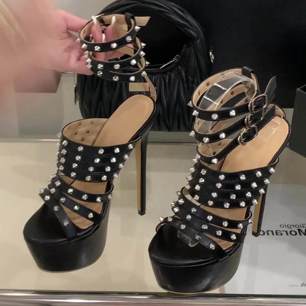 Eilyken New Design Rivet Narrow Band Buckle Strap Women Sandals Sexy Platform Super Thin High Heels Stripper Prom Shoes