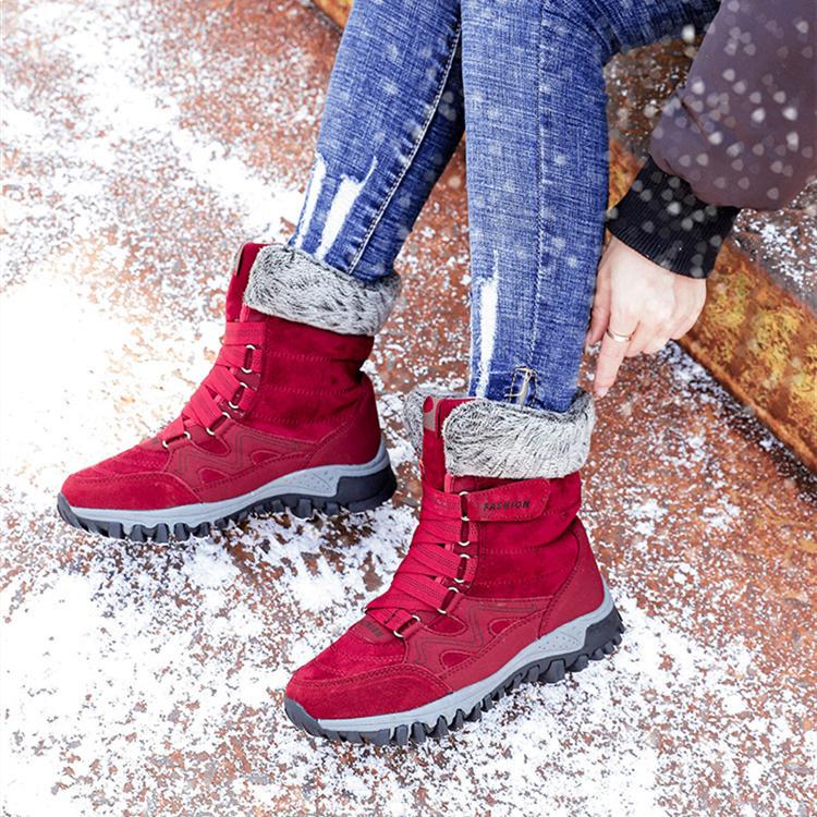 Women Winter Velvet Plus PU Snow Boots Casual Suede Medium Warm High Top Cotton Shoes Large Antiskid Solid Color Lace Up Rope