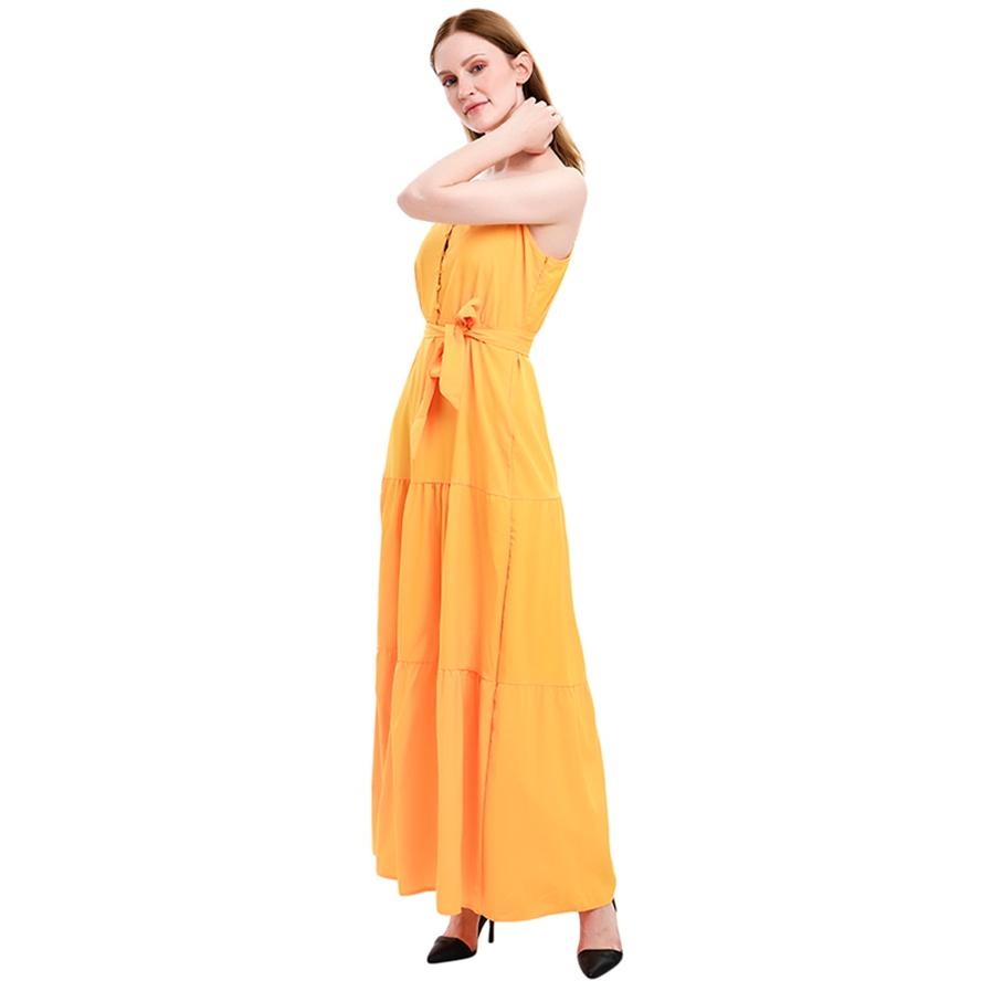 Women's Long Skirt Fashion Sexy and Ankle Bohemian Personality Button V-neck Stitching Strap Dress