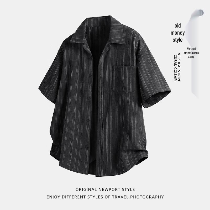 VUUG Men s American Retro Dark Pattern Short-Sleeve Cuban Collar Shirt XL