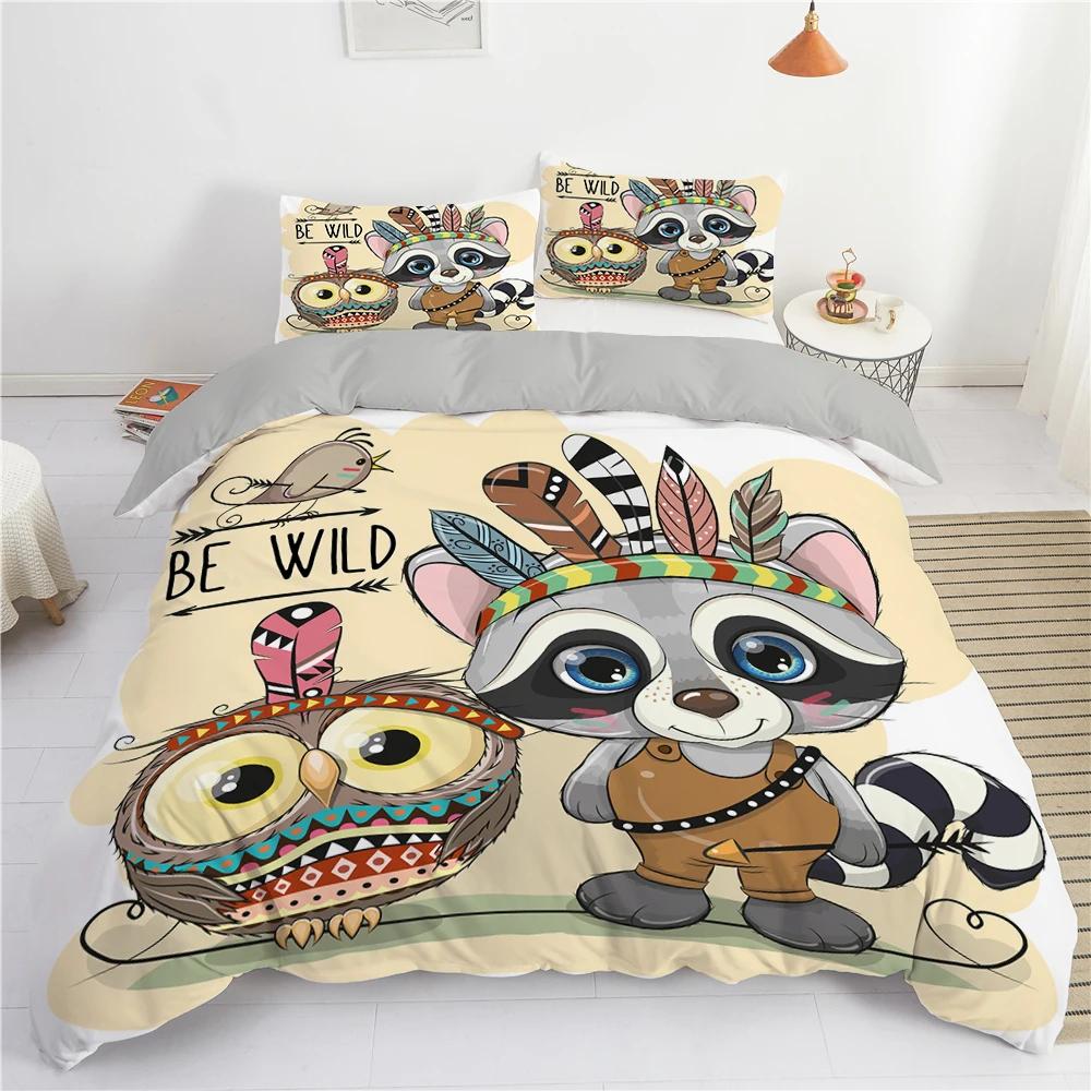 Cartoon Owl Duvet Cover Cute Night Animal For Kids Boys Girls Gifts Owl And Koala Tribal Feather Style Green Bedroom Decorations