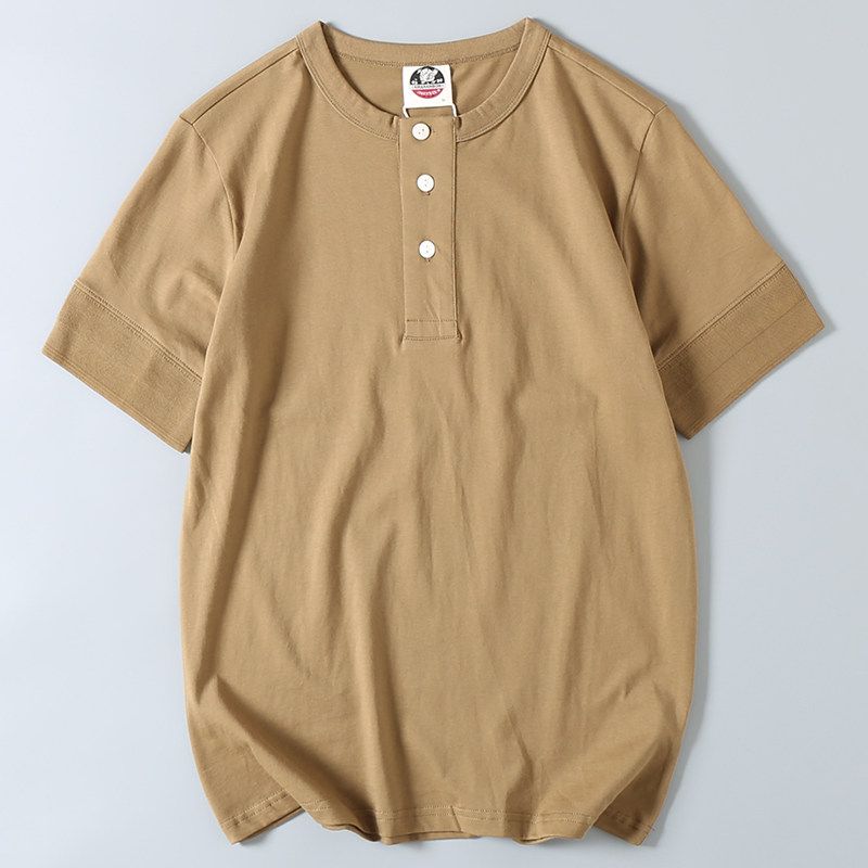 260G Heavy Cotton Henry Collar Short-Sleeved T-shirt Summer Men's Retro Trendy Versatile Cotton Half-Sleeve Bottoming Shirt