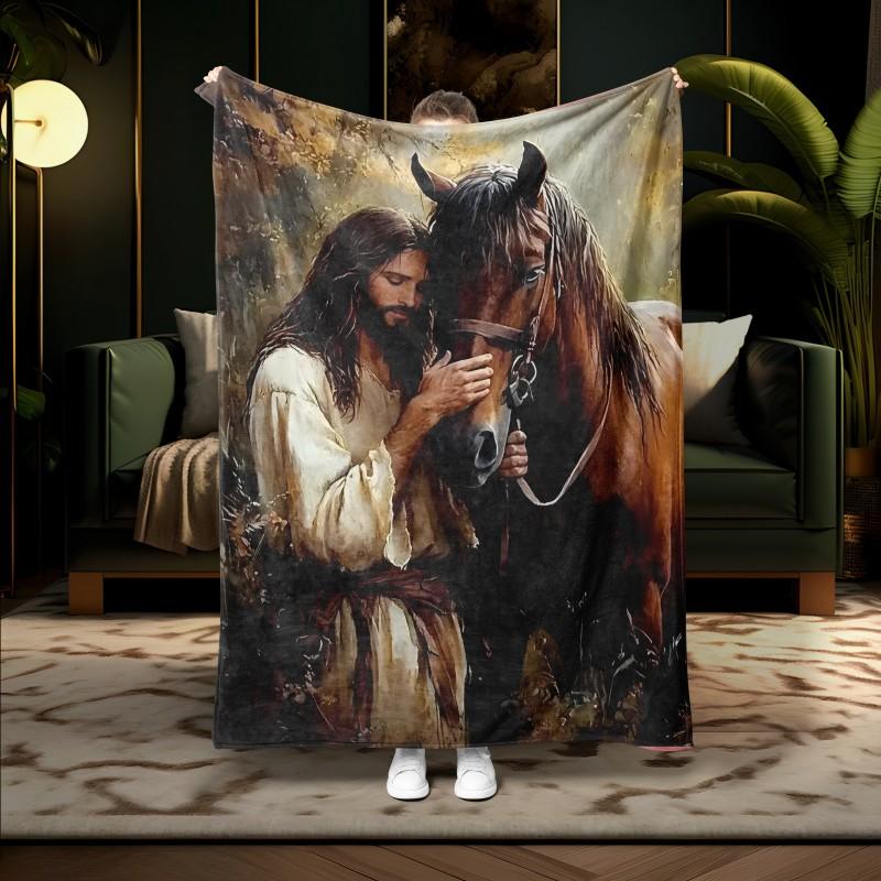1PC Jesus Portrait Blessing Throw Inspirational Gifts and Prayers Religious Blanket Soft Cozy Warm Blankets for Women Men Gift