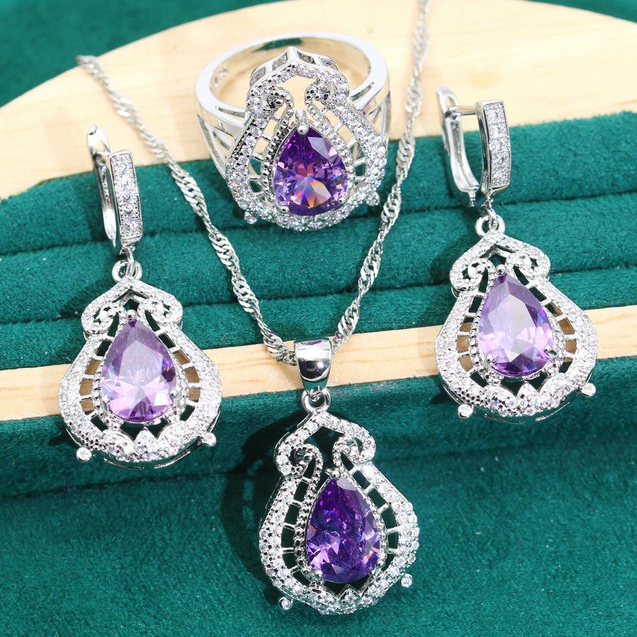 Hot Selling Green Zircon Necklace Earrings Ring Set for Ladies