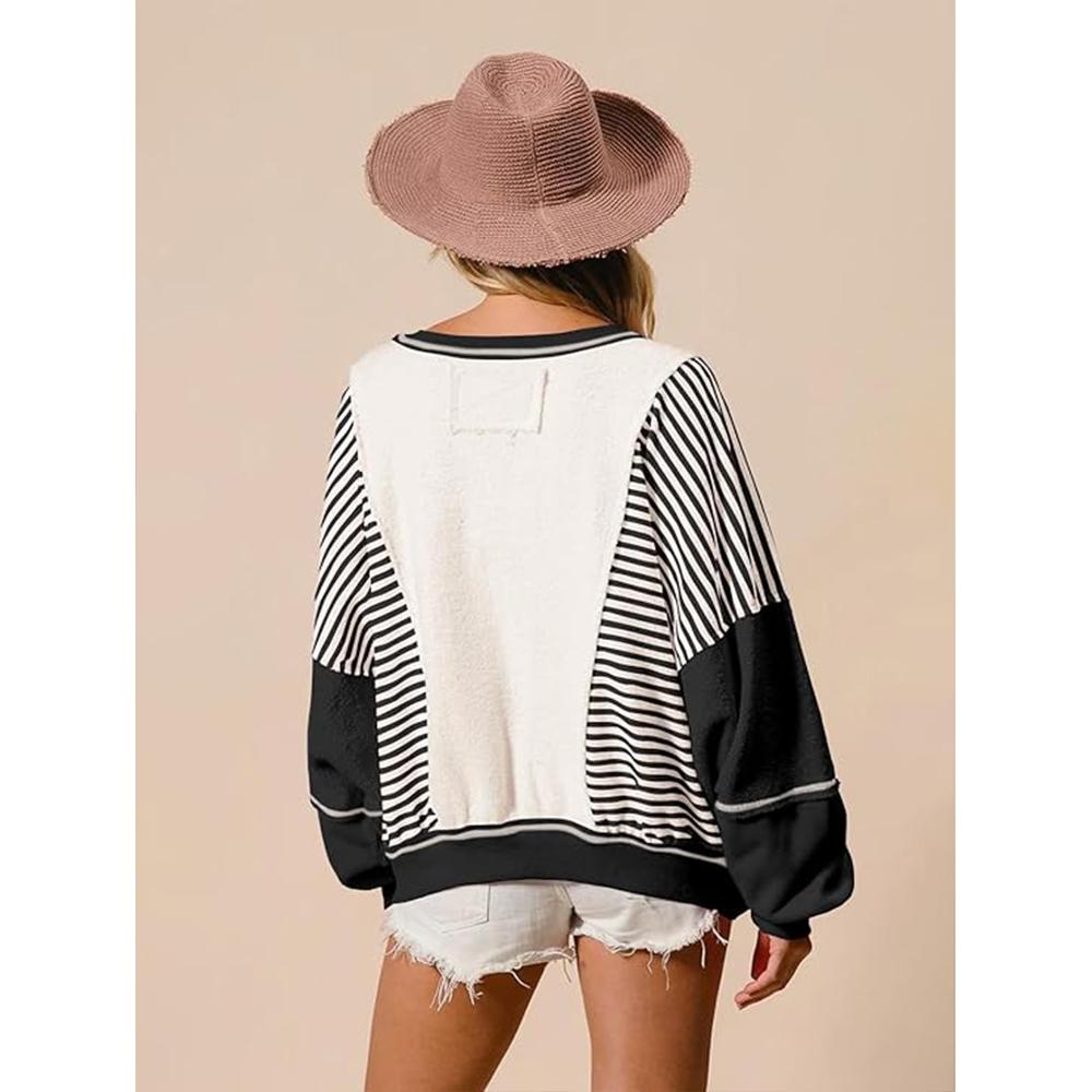 Women's Fleece Oversized Color Block Striped Sweatshirt Fall Vintage Warm Pacthwork Pullover with Pockets