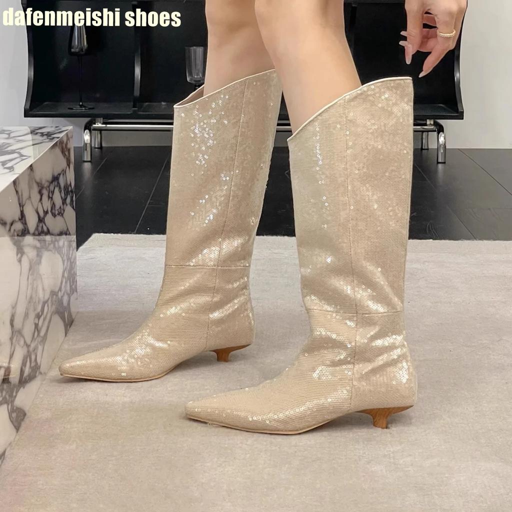 Fashion Pointed Toe Long Boots for Women Autumn Winter 2025 New Sequined Shiny Sexy Mid Calf Boots Kitten Heel Boots Bling Knight Boots