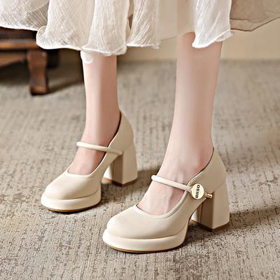 Neue Sommer Damen Pumps Runde Zehenpartie Hoher Absatz Schuhe Slipper Blockabsatz Plateau Schuhe für Damen Outdoor Kleid Knopf Mary Janes