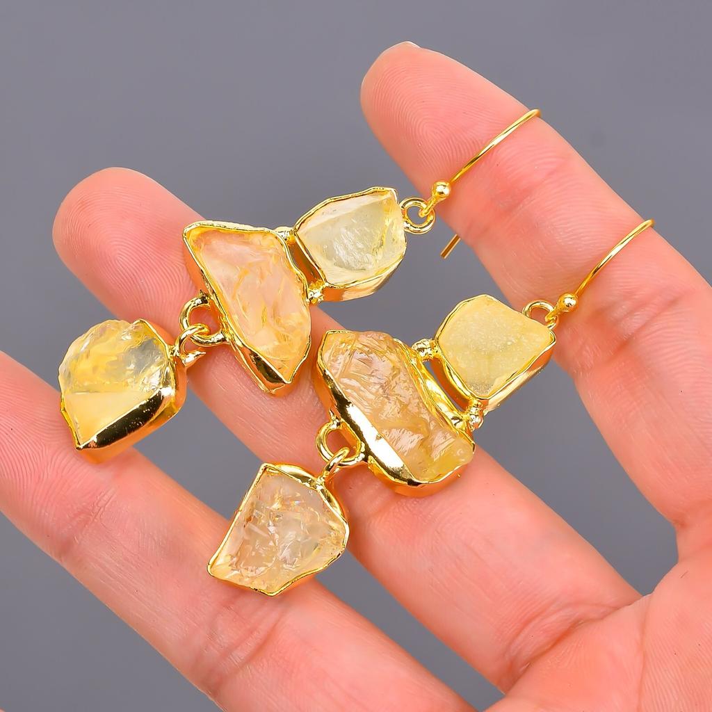 Citrine Gemstone Gold Plated Elegant Electroformed Dangle Drop Earrings Jewelry V-116