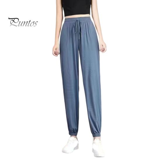 Summer Thin Ice Silk Sports Pants Elastic Drawstring Waist Pockets Casual Sweatpants Solid Color Loose Fit Fitness Trousers Streetwear