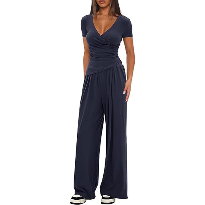 

Solid Color V-Neck Short Sleeve Wide Leg Pants 2-Piece Casual Set Extra Large темно-синього кольору