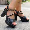 Fashion Platform Block Heel Sandals Summer New Round Toe Open Toe Pearl One-Slip Wear-Resistant High Heels