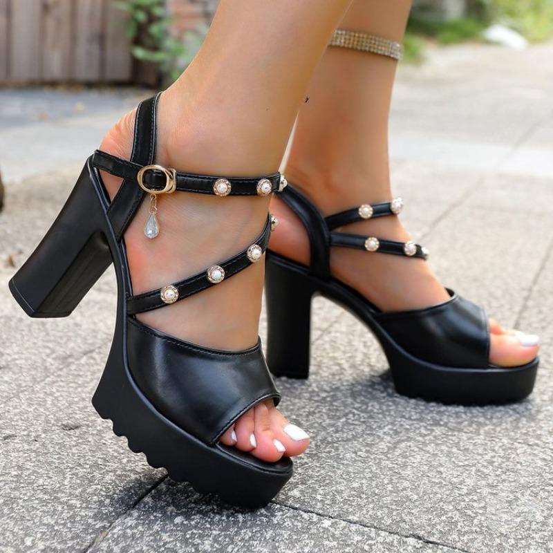 Fashion Platform Block Heel Sandals Summer New Round Toe Open Toe Pearl One-Slip Wear-Resistant High Heels