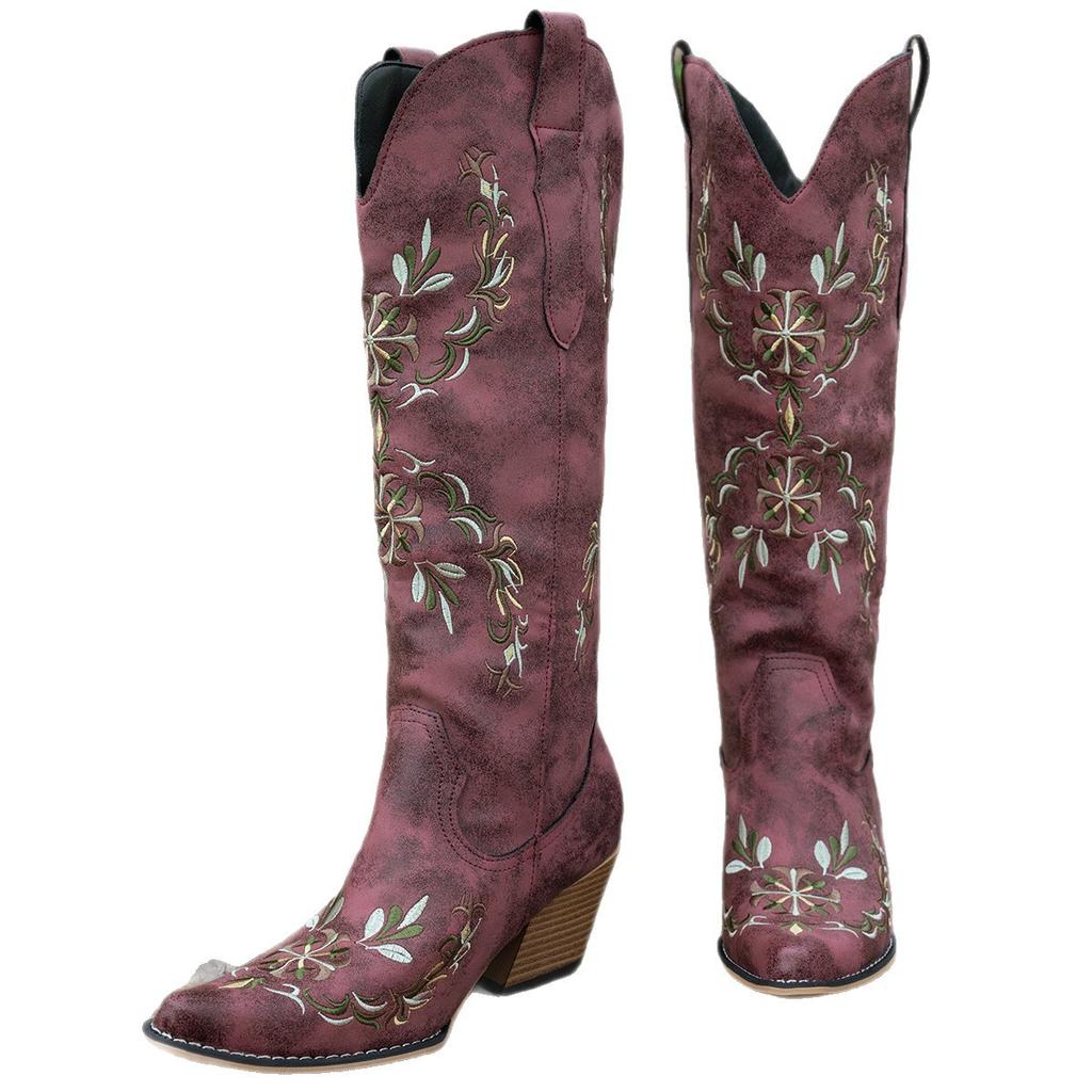 Women'S Knight Boots Large Size Coarse Heel Pointed Embroidered Western Cowboy Boots Fashion Women'S Boots